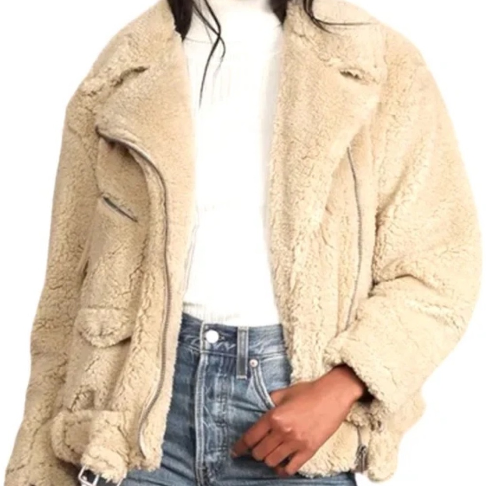 Free People So Cozy Slouchy Sherpa Moto Lg Beige Tan Faux Fur Jacket Coat